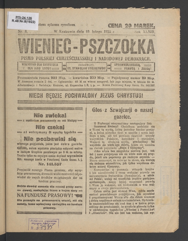 Wieniec-Pszcz&oacute;łka&nbsp;: pismo polskiej chrześcijańskiej i&nbsp;narodowej demokracji. Rok&nbsp;48, 1922, numer&nbsp;8