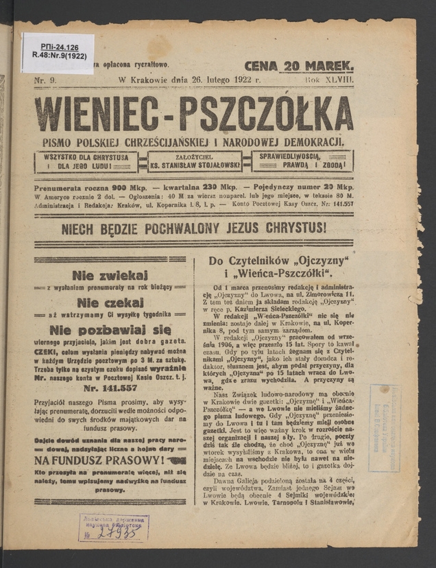 Wieniec-Pszcz&oacute;łka&nbsp;: pismo polskiej chrześcijańskiej i&nbsp;narodowej demokracji. Rok&nbsp;48, 1922, numer&nbsp;9