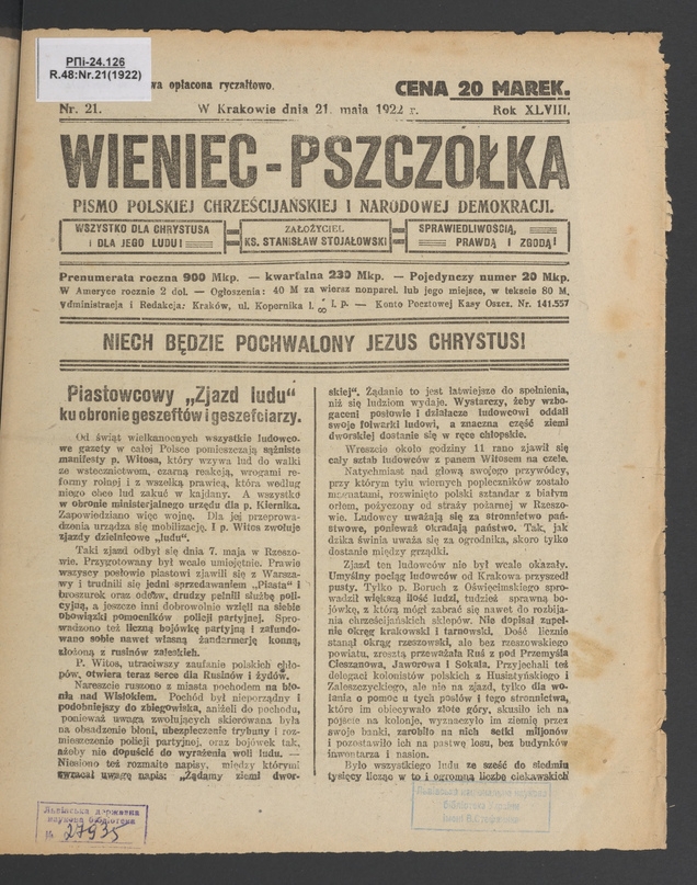 Wieniec-Pszcz&oacute;łka&nbsp;: pismo polskiej chrześcijańskiej i&nbsp;narodowej demokracji. Rok&nbsp;48, 1922, numer&nbsp;21
