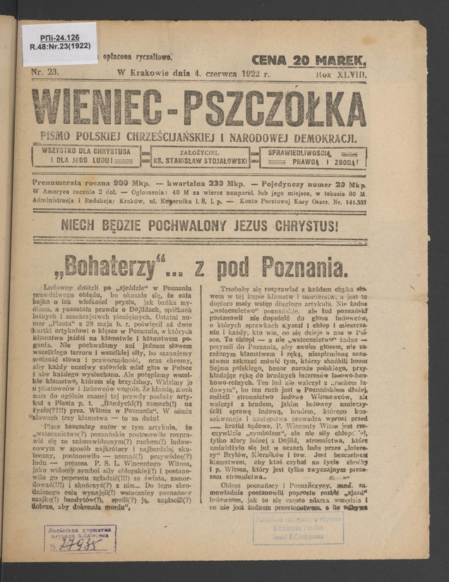 Wieniec-Pszcz&oacute;łka&nbsp;: pismo polskiej chrześcijańskiej i&nbsp;narodowej demokracji. Rok&nbsp;48, 1922, numer&nbsp;23