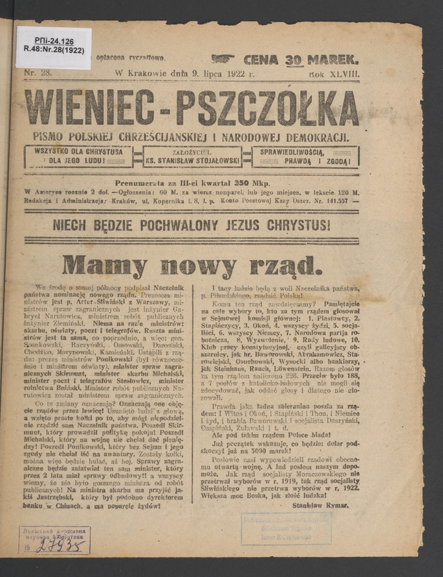 Wieniec-Pszcz&oacute;łka&nbsp;: pismo polskiej chrześcijańskiej i&nbsp;narodowej demokracji. Rok&nbsp;48, 1922, numer&nbsp;28
