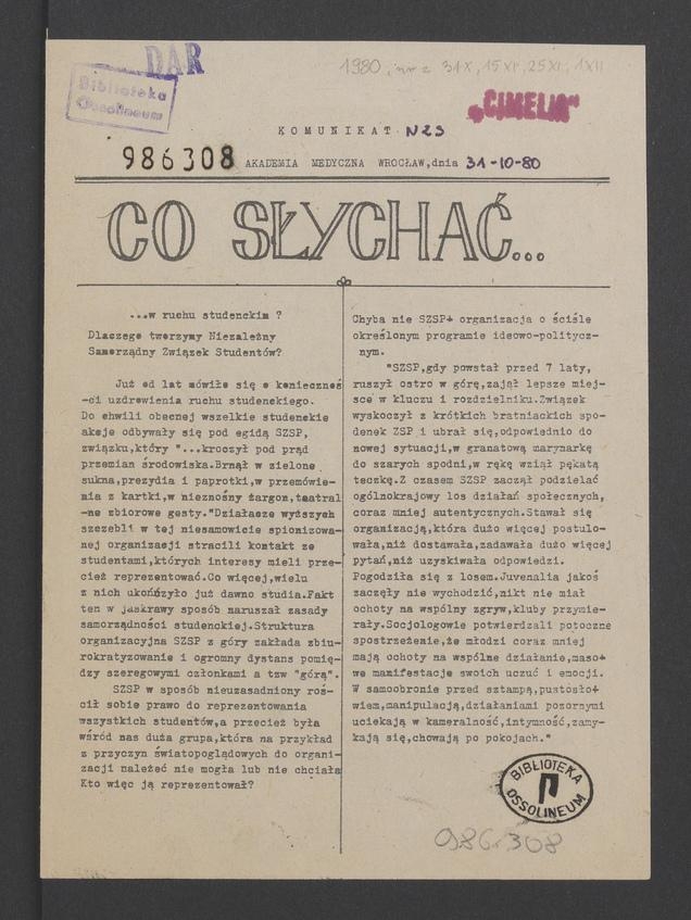 Co&nbsp;Słychać&nbsp;: komunikat NZS Akademia Medyczna Wrocław. 1980.10.31