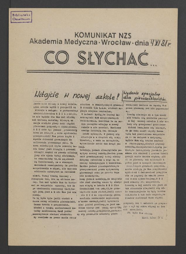 Co&nbsp;Słychać&nbsp;: komunikat NZS Akademia Medyczna Wrocław. 1981.11.04