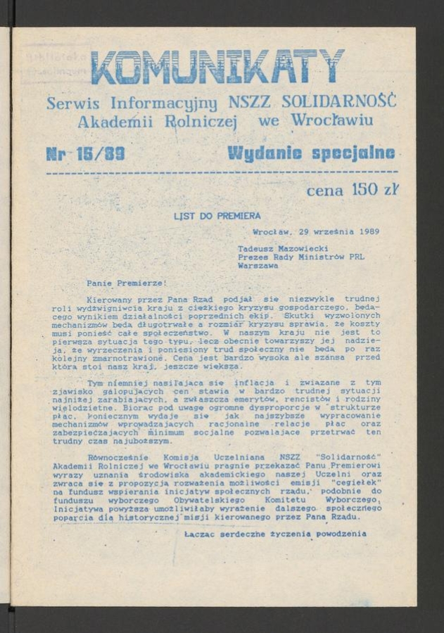 Komunikaty&nbsp;: serwis informacyjny NSZZ &bdquo;Solidarność&rdquo; Akademii Rolniczej we&nbsp;Wrocławiu. 1989, numer&nbsp;15, wydanie specjalne