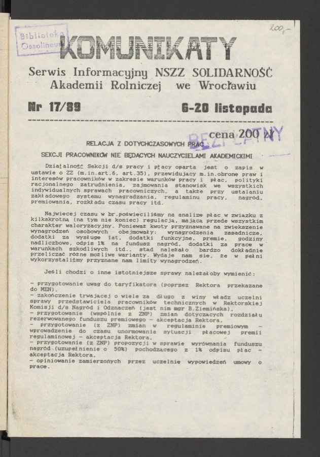 Komunikaty&nbsp;: serwis informacyjny NSZZ &bdquo;Solidarność&rdquo; Akademii Rolniczej we&nbsp;Wrocławiu. 1989, numer&nbsp;17
