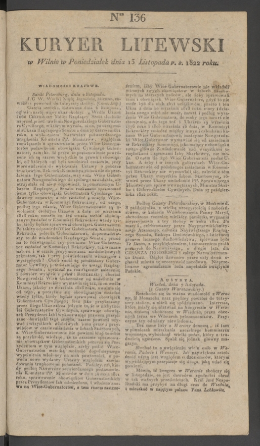 Kuryer Litewski. 1822, numer&nbsp;136