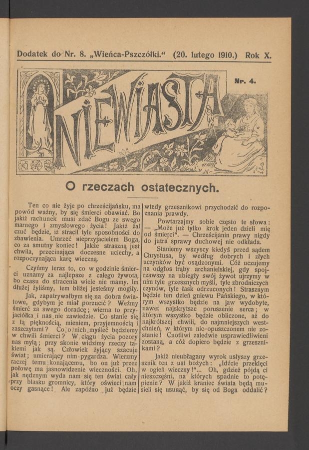Niewiasta : dodatek do numeru&nbsp;8&nbsp;&bdquo;Wieńca-Pszcz&oacute;łki&rdquo;. Rok&nbsp;10, 1910, numer&nbsp;4
