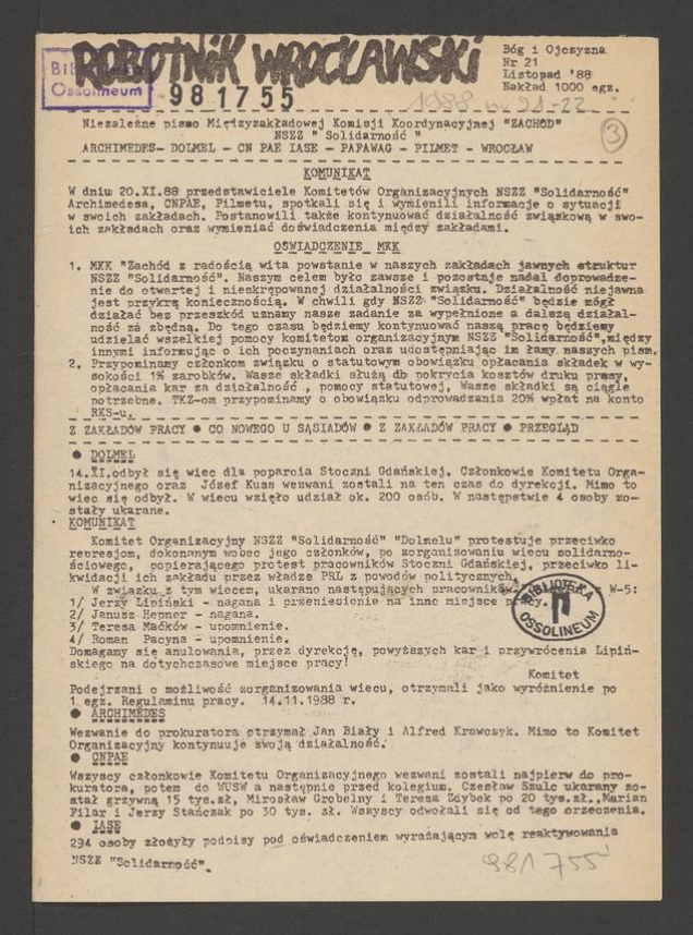 Robotnik Wrocławski&nbsp;: niezależne pismo Międzyzakładowej Komisji Koordynacyjnej Zach&oacute;d NSZZ &bdquo;Solidarność&rdquo; Archimedes, Dolmel, CN PAE IASE, Pafawag, Pilmet. 1988, numer&nbsp;21