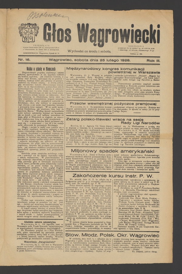 Głos Wągrowiecki. Rok&nbsp;3, 1928, numer&nbsp;16