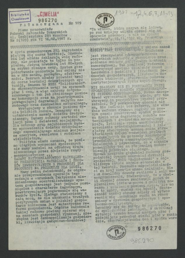FATamorgana&nbsp;: pismo pracownik&oacute;w Fabryki Automat&oacute;w Tokarskich. 1987,&nbsp;numer&nbsp;2&nbsp;(109)