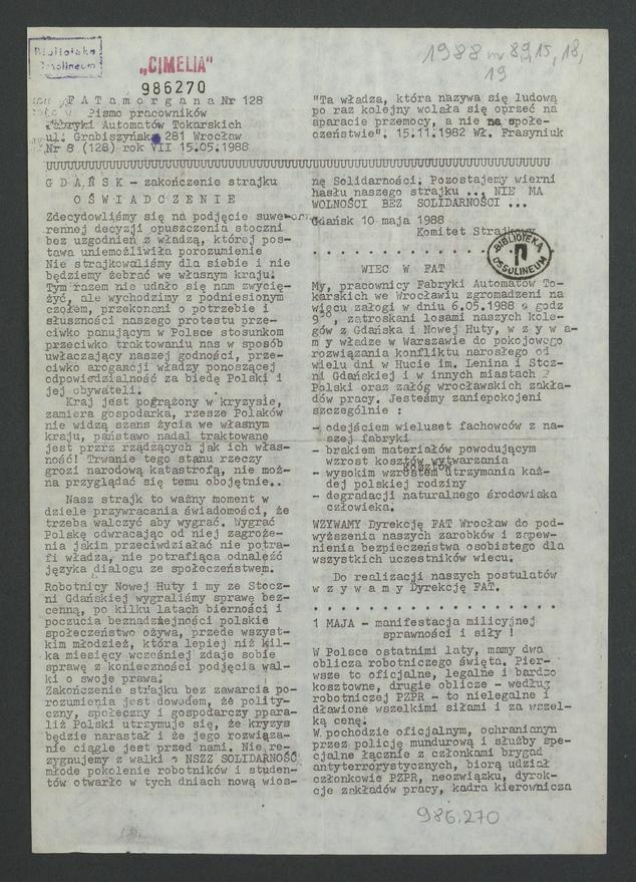 FATamorgana&nbsp;: pismo pracownik&oacute;w Fabryki Automat&oacute;w Tokarskich. 1988, numer&nbsp;8&nbsp;(128)