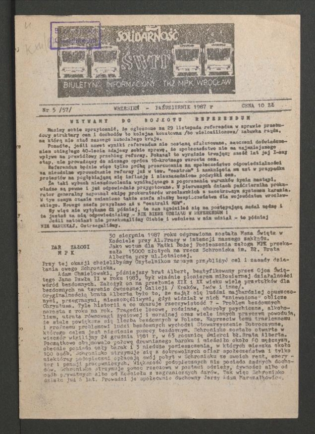Świt: biuletyn informacyjny TKZ MPK Wrocław. 1987, numer&nbsp;5&nbsp;(57)