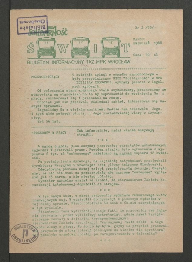 Świt: biuletyn informacyjny TKZ MPK Wrocław. 1988, numer&nbsp;2&nbsp;(59)