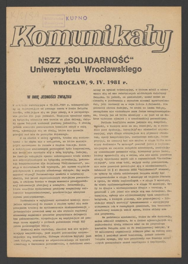Komunikaty NSZZ &bdquo;Solidarność&rdquo; Uniwersytetu Wrocławskiego. 1981, numer&nbsp;31