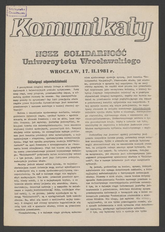 Komunikaty NSZZ &bdquo;Solidarność&rdquo; Uniwersytetu Wrocławskiego. 1981, numer&nbsp;24