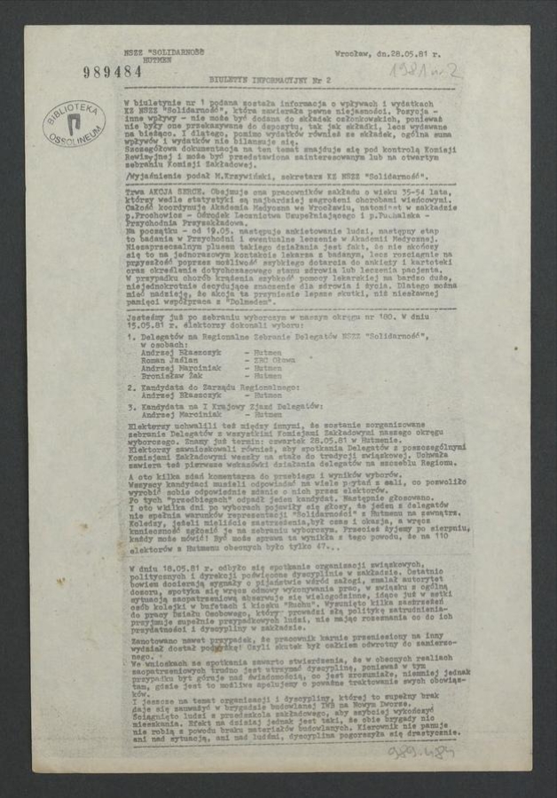 Biuletyn Informacyjny&nbsp;NSZZ &bdquo;Solidarność&rdquo; Hutmen. 1981, numer&nbsp;2