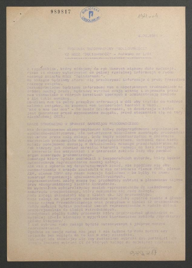 Tygodnik Informacyjny &bdquo;Solidarności&rdquo; KZ NSZZ &bdquo;Solidarność&rdquo; Pafawag. 1981, numer&nbsp;1