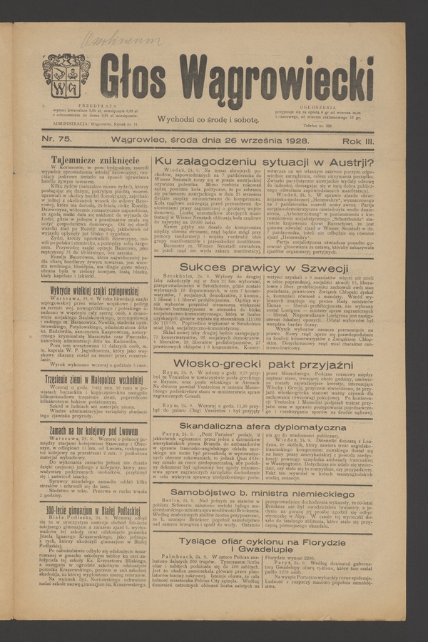 Głos Wągrowiecki. Rok&nbsp;3, 1928, numer&nbsp;75