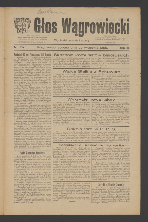 Głos Wągrowiecki. Rok&nbsp;3, 1928, numer&nbsp;76