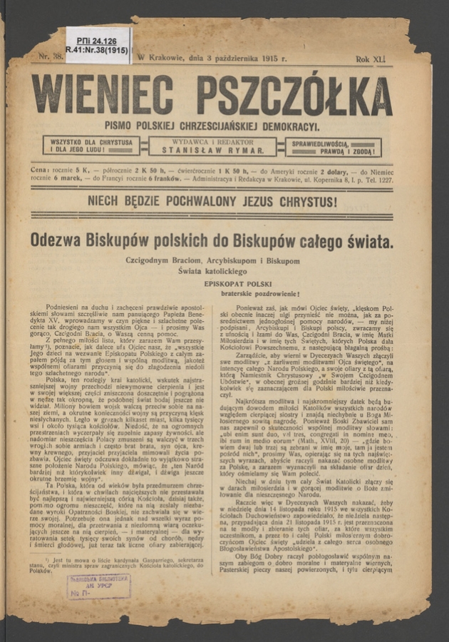 Wieniec-Pszcz&oacute;łka&nbsp;: pismo polskiej chrześcijańskiej demokracyi. Rok&nbsp;40, 1915, numer&nbsp;38