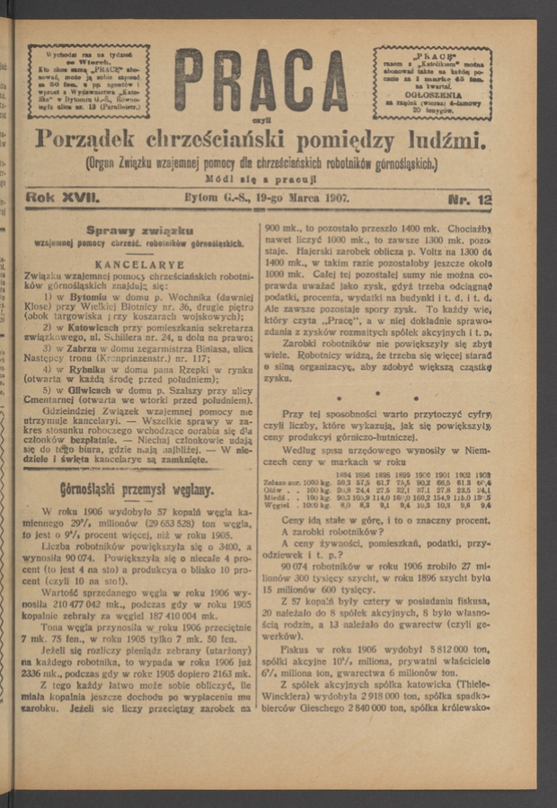 Praca,&nbsp;Czyli Porządek Chrześciański Pomiędzy Ludźmi&nbsp;: organ Związku Wzajemnej Pomocy dla&nbsp;Chrześciańskich Robotnik&oacute;w G&oacute;rnośląskich. Rok&nbsp;17, 1907, numer&nbsp;12