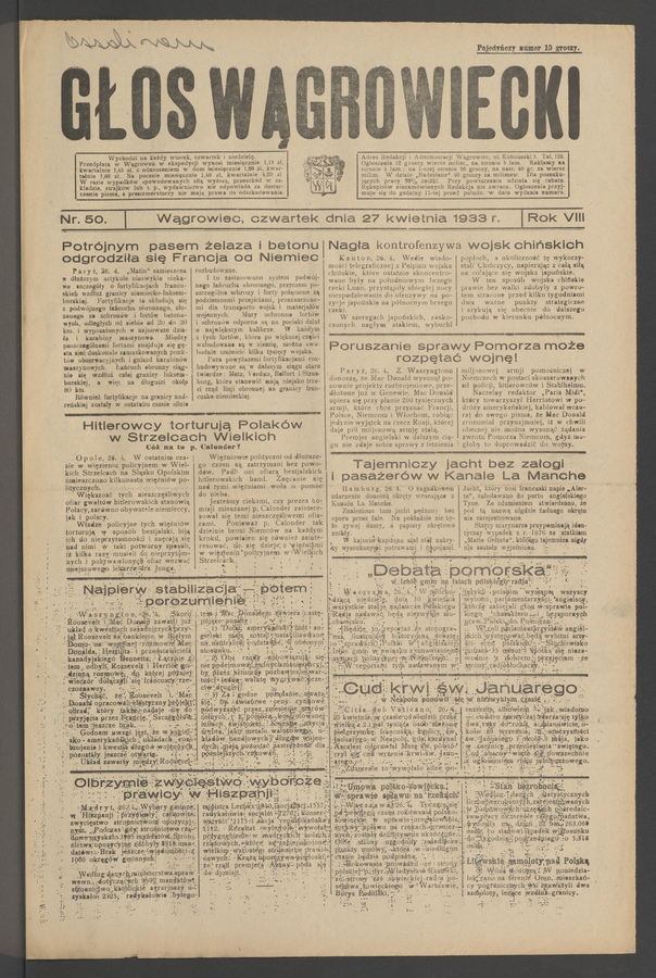 Głos Wągrowiecki. Rok&nbsp;8, 1933, numer&nbsp;50