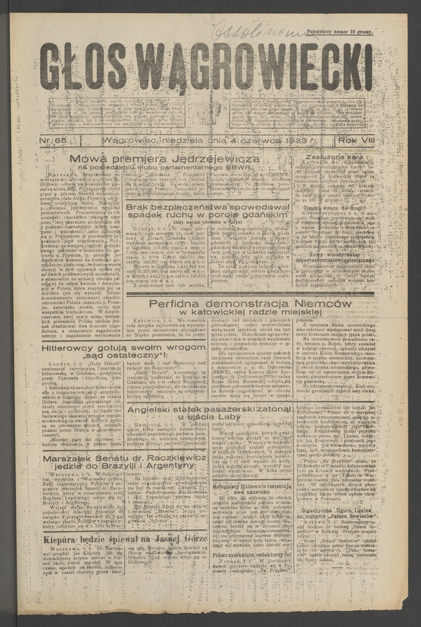 Głos Wągrowiecki. Rok&nbsp;8, 1933, numer&nbsp;65
