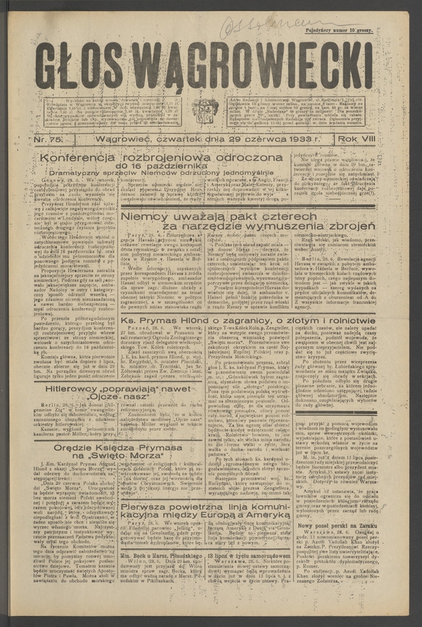 Głos Wągrowiecki. Rok&nbsp;8, 1933, numer&nbsp;75