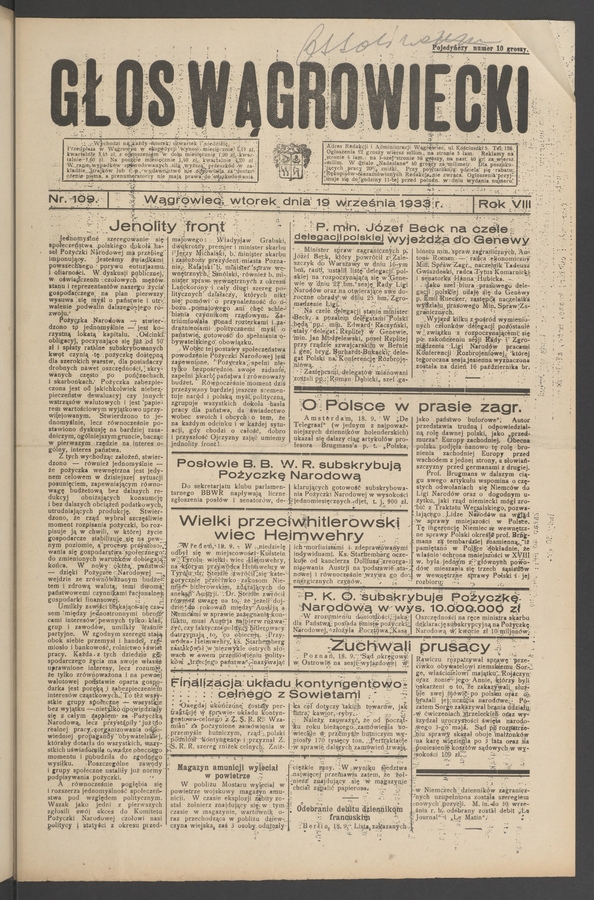 Głos Wągrowiecki. Rok&nbsp;8, 1933, numer&nbsp;109