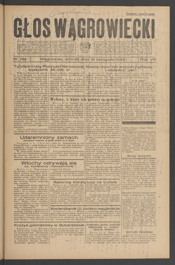 Głos Wągrowiecki. Rok&nbsp;8, 1933, numer&nbsp;132